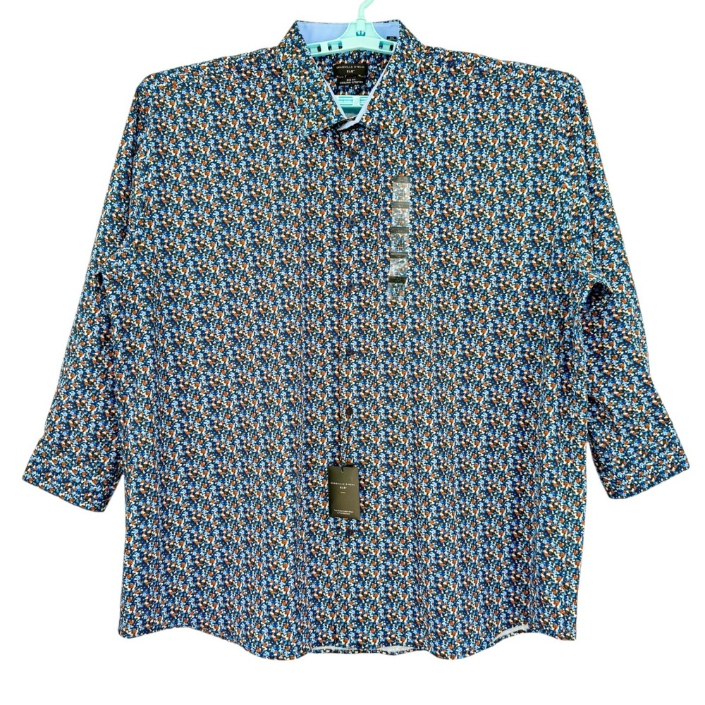 Shaquille ONeal XLG Mens Stretch Navy Floral Long Sleeve Shirt Sz XL Big Fit NWT